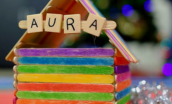 Aura Host Homes. Popsicle stick home. Each stick is colours separately in the LGBTQ rainbow. 