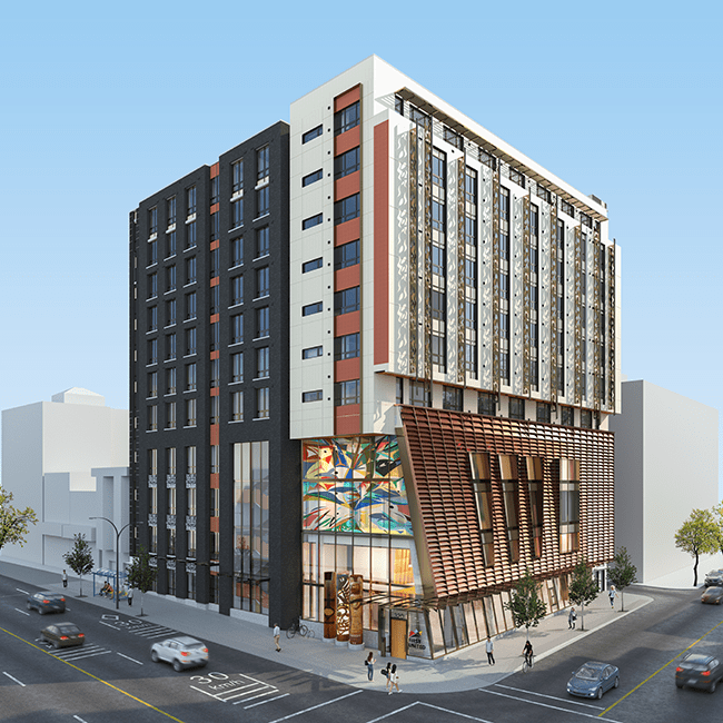 The building 320 E Hastings Street will provide 103 units for Indigenous residents and people experiencing or at risk of homelessness in Vancouver’s Downtown East Side community.