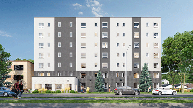 Un rendu de l'immeuble du 380 Young Street à Winnipeg, un immeuble de 69 appartements locatifs abordables appartenant à la Nation crie Opaskwayak