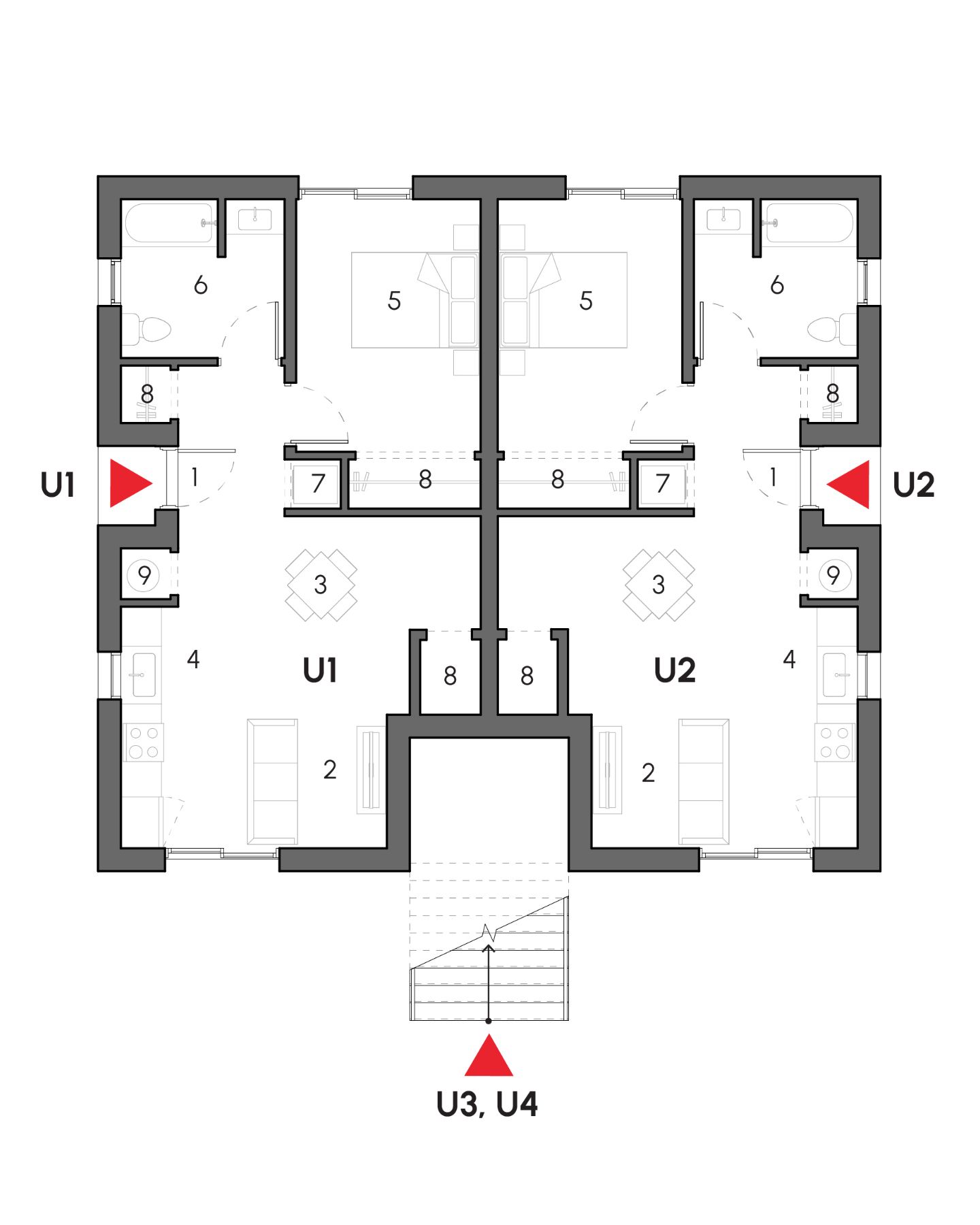 Main floor plan — CMHC BC Courtyard Sixplex, showing four front units with individual entries, living areas, kitchens, and private patio access