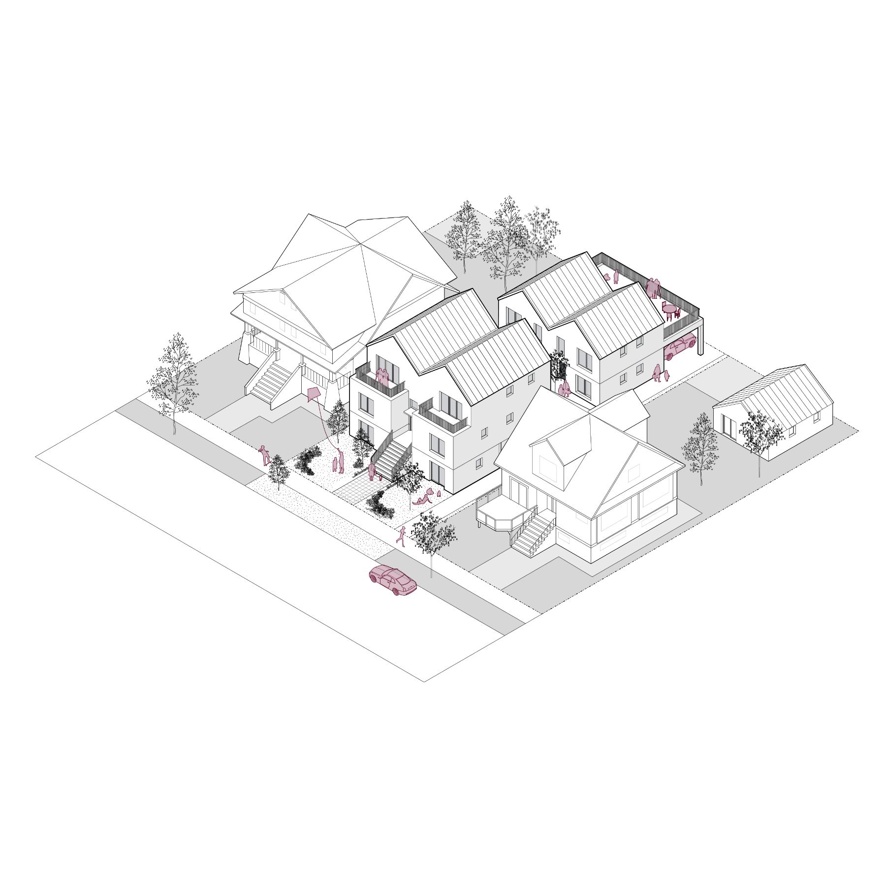 CMHC BC Courtyard Sixplex — axonometric line drawing showing the 6-unit courtyard configuration across two connected buildings