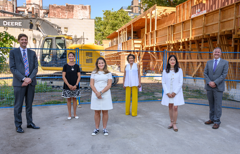 L-R: BC Minister for Housing David Eby, BC Minister of
                  Tourism, Arts, Culture and Sport Melanie Mark, Canada's Deputy
                  Prime Minister and Minister of Finance Chrystia Freeland,
                  Member of Parliament for Vancouver-Centre Hedy Fry, Vancouver
                  Chinatown Foundation Chair Carol Lee and Vancouver Mayor
                  Kennedy Stewart at the official ground-breaking for 58 West
                  Hastings in July, 2021.