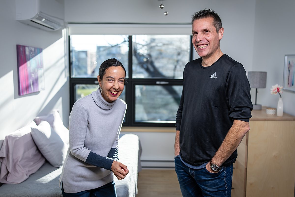 Francois Lecompte, coordinator, La Maison des Papillons (right) interviewed Joëlle for her apartment and is extremely pleased with her progress.